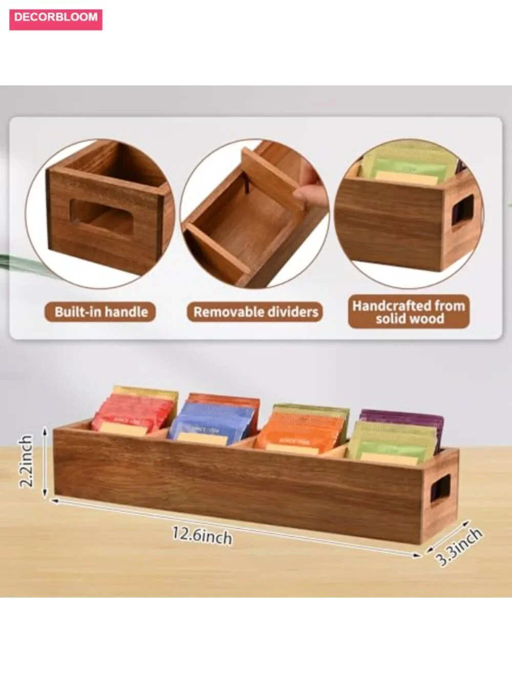 Acacia Wood Tea Bag Organizer with 4 Adjustable Slots – Handcrafted Tea Storage
